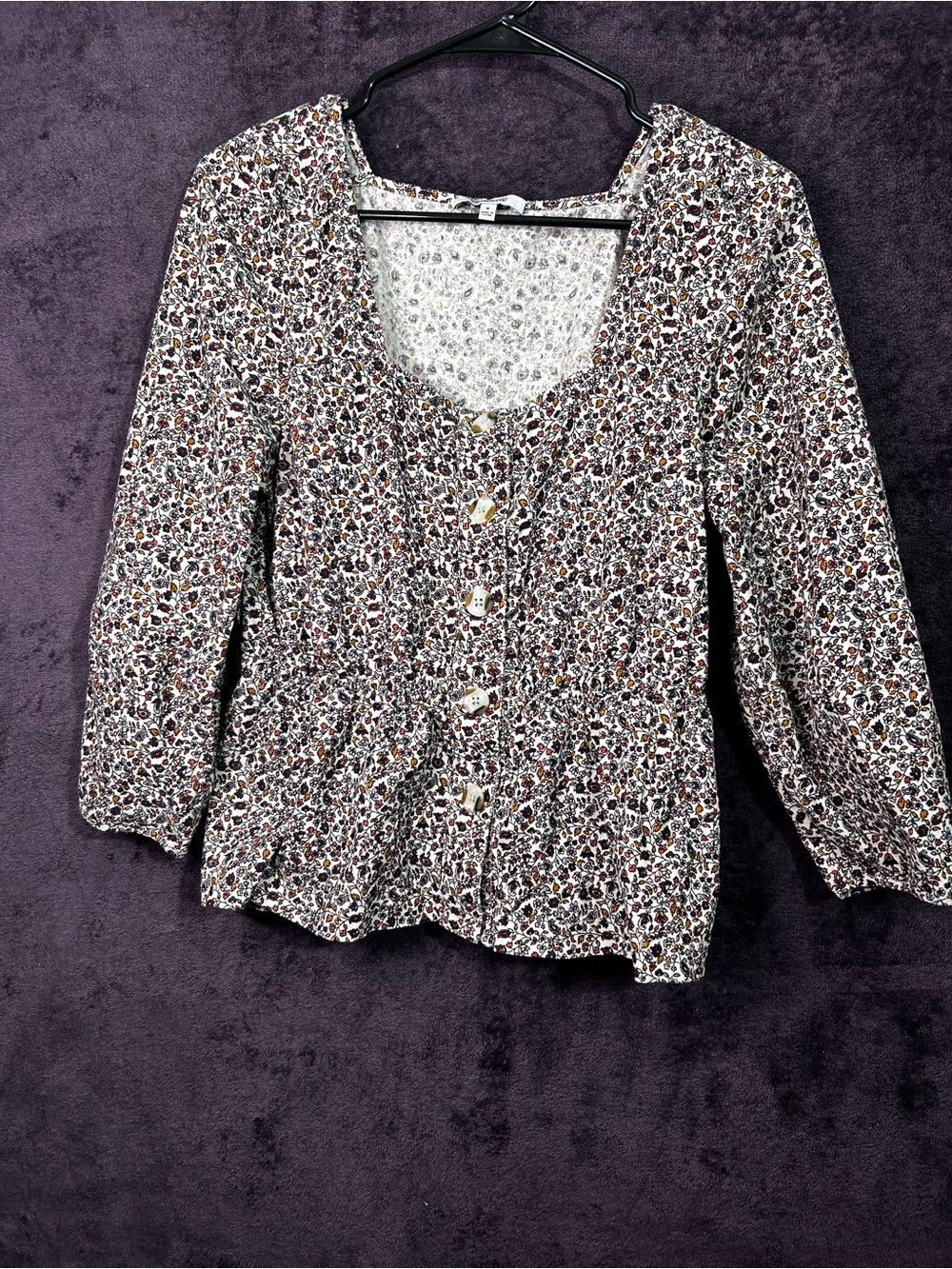 Madewell White Floral Button-Front Peplum Top with Brown & Black Accents